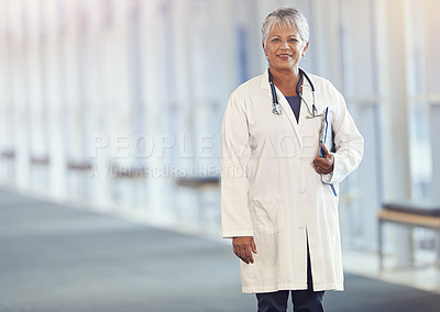 Buy stock photo Portrait, healthcare and documents with a senior doctor standing in a hospital corridor for insurance or treatment. Medical, trust and paperwork with a woman medicine professional in a health clinic