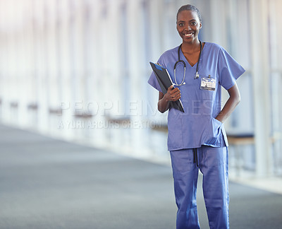 Buy stock photo Portrait, nurse and happy black woman with checklist in hospital for healthcare or wellness in Kenya. Smile, medical professional and surgeon with document, expert and worker in clinic with mockup