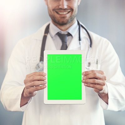 Buy stock photo Man, smile and portrait with tablet for marketing, healthcare and advertising for present or show for info on screen. Young person and doctor with stethoscope for presentation for online and internet