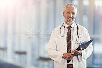 Buy stock photo Portrait, healthcare and documents with a senior doctor standing in a hospital corridor for insurance or treatment. Medical, trust or clipboard with a man medicine professional in a clinic for health
