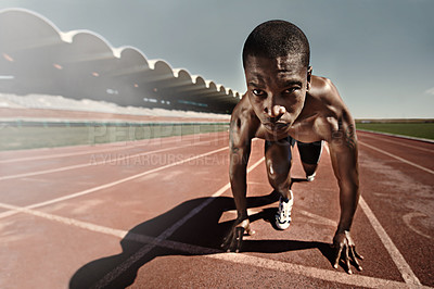 Buy stock photo Man, runner and starting line for race, face and ready for marathon, sports and sprint or competition. Black male person, training and exercising or active, practice and outdoors for fitness on track