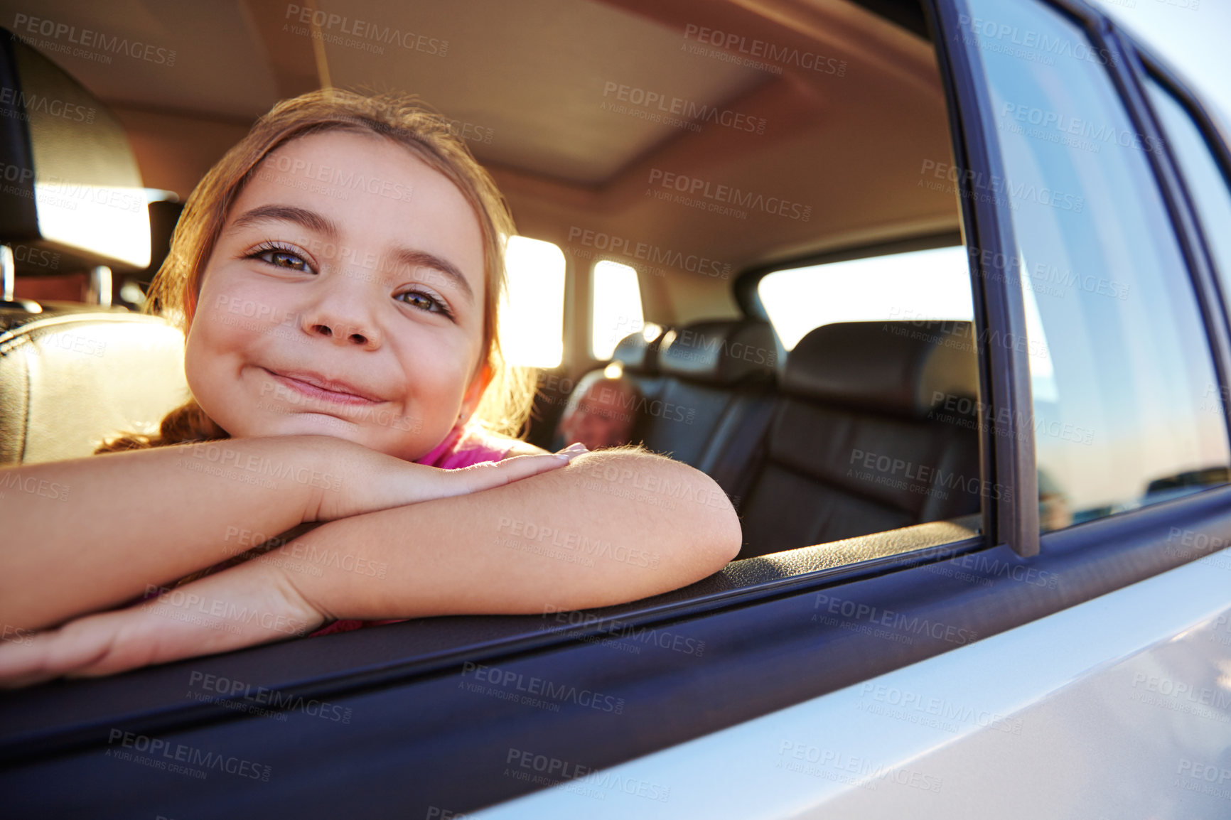 Buy stock photo Portrait, child and travel by car window for road trip, holiday or family vacation with girl. Kid, tourism and smile in transport for adventure, journey and happy passenger relax in motor vehicle