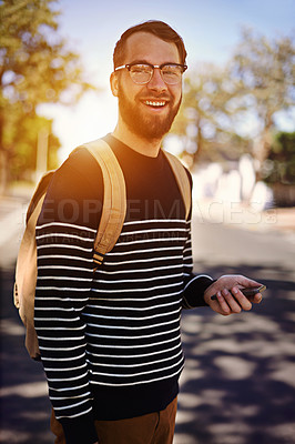 Buy stock photo Man, smile and city with mobile phone in hand for social media or fashion for trend or browsing outdoor. Student, intern or geek and attractive person with confidence in street for hipster and style 