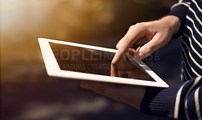 Buy stock photo Hand, person scroll on screen and tablet with communication, network and social media. Chat, internet search and UX for surfing online with closeup, digital information or news with technology