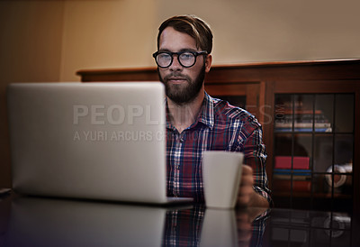 Buy stock photo Creative man, laptop and glasses with coffee for remote work, communication or networking at home. Male person or freelancer working on computer with mug or cup of tea for online research at house