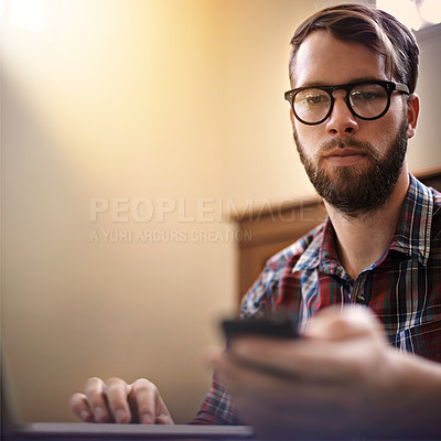 Buy stock photo Search, phone and focus with man for communication, social media and contact mockup. Text message, internet and technology with male student and typing on mobile for connection, space and digital app