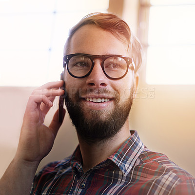 Buy stock photo Happy man, phone call and vision with glasses in discussion, communication or networking at home. Face of male person or freelancer with smile on mobile smartphone for friendly conversation at house