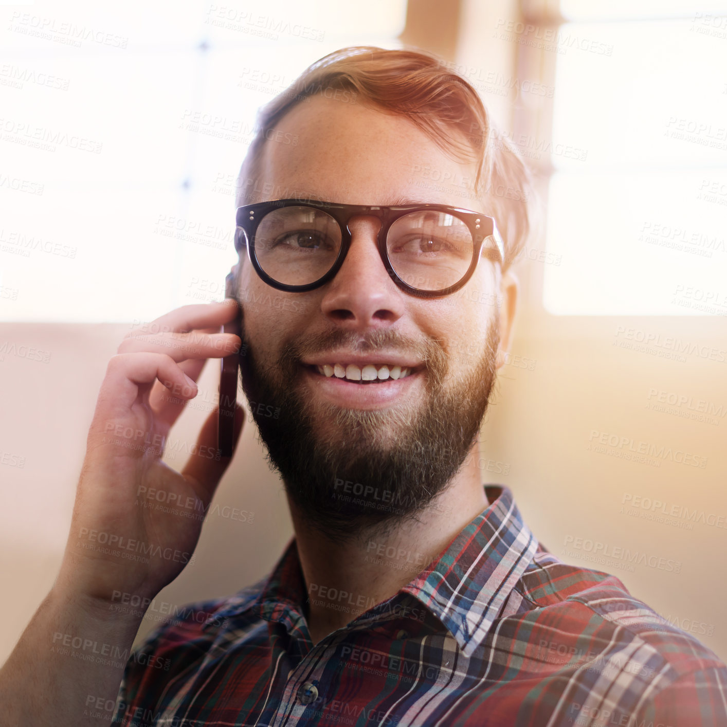 Buy stock photo Happy man, phone call and vision with glasses in discussion, communication or networking at home. Face of male person or freelancer with smile on mobile smartphone for friendly conversation at house