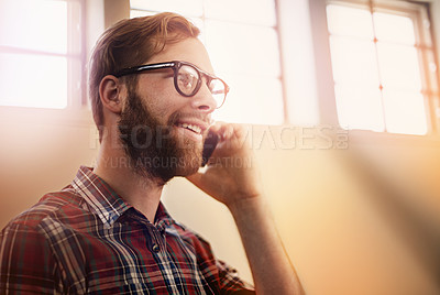 Buy stock photo Young man, phone call and vision with glasses in discussion, communication or networking at home. Happy male person or freelancer with smile on mobile smartphone for friendly conversation at house