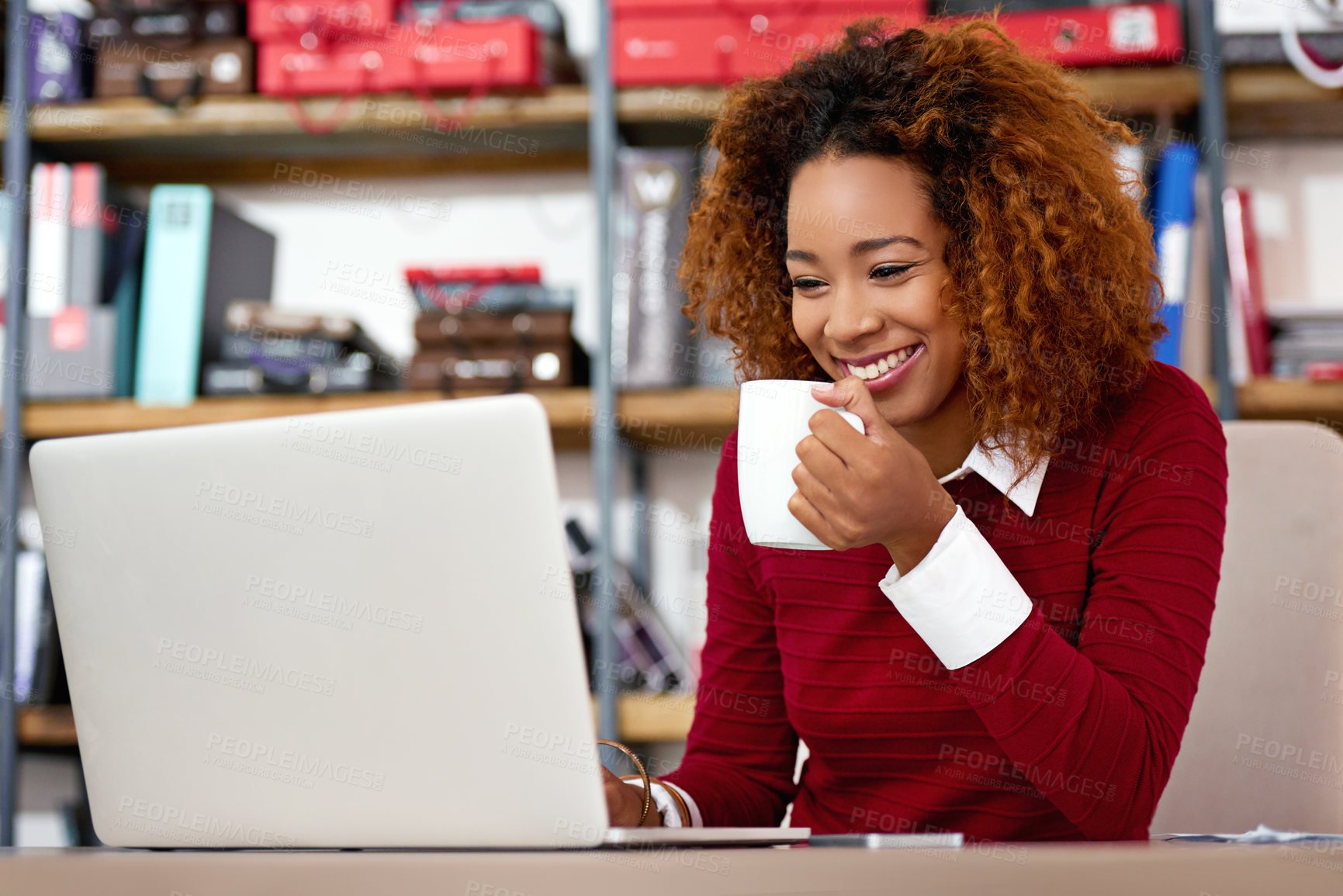 Buy stock photo African businesswoman, laugh and coffee with laptop for research, company audit and accountant with beverage. Career, female person and auditor in office for reading report, drink or financial review