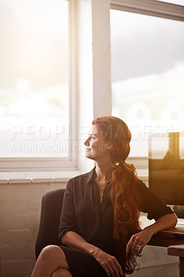 Buy stock photo Woman, work and think with smile at window for company idea, vision and growth with future in startup business, company growth. Female person, entrepreneur and desk with computer in office as hr. 