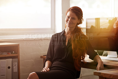 Buy stock photo Business woman, portrait and confident accountant in office, smile and pride in workplace. Female person, advisor and career opportunity in finance firm for startup company, auditor and computer