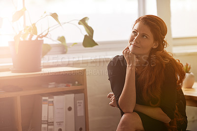 Buy stock photo Business woman, thinking and idea in office, planning and contemplating choice or decision. Female person, professional and dream of career opportunity in workplace, startup company and entrepreneur