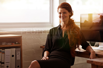 Buy stock photo Businesswoman, portrait and confident accountant in office, smile and pride in workplace. Happy female person, agency and career opportunity in finance firm for startup company, auditor and computer