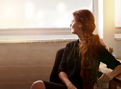 Buy stock photo Businesswoman, thinking and office desk for career future at tech startup for small business, entrepreneur or thoughts. Female person, contemplating and workplace vision for decision, planning or job