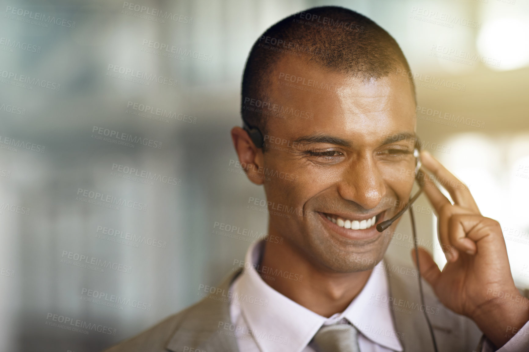 Buy stock photo Call center, happy man and consultant in virtual communication, business support and ecommerce help. Smile of friendly IT agent, advisor or person with telecom, customer service or speaking and space