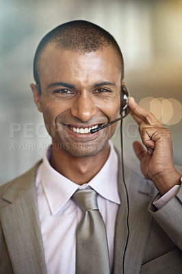 Buy stock photo Call center, man portrait and consultant in virtual communication, business support and web helping. Smile on face of IT agent, advisor or indian person in telecom, customer service and client chat