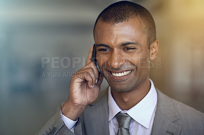 Buy stock photo Phone call, business and happy man in communication, networking and contact, feedback or legal advice. Professional indian person or corporate lawyer listening and talking on mobile chat with client