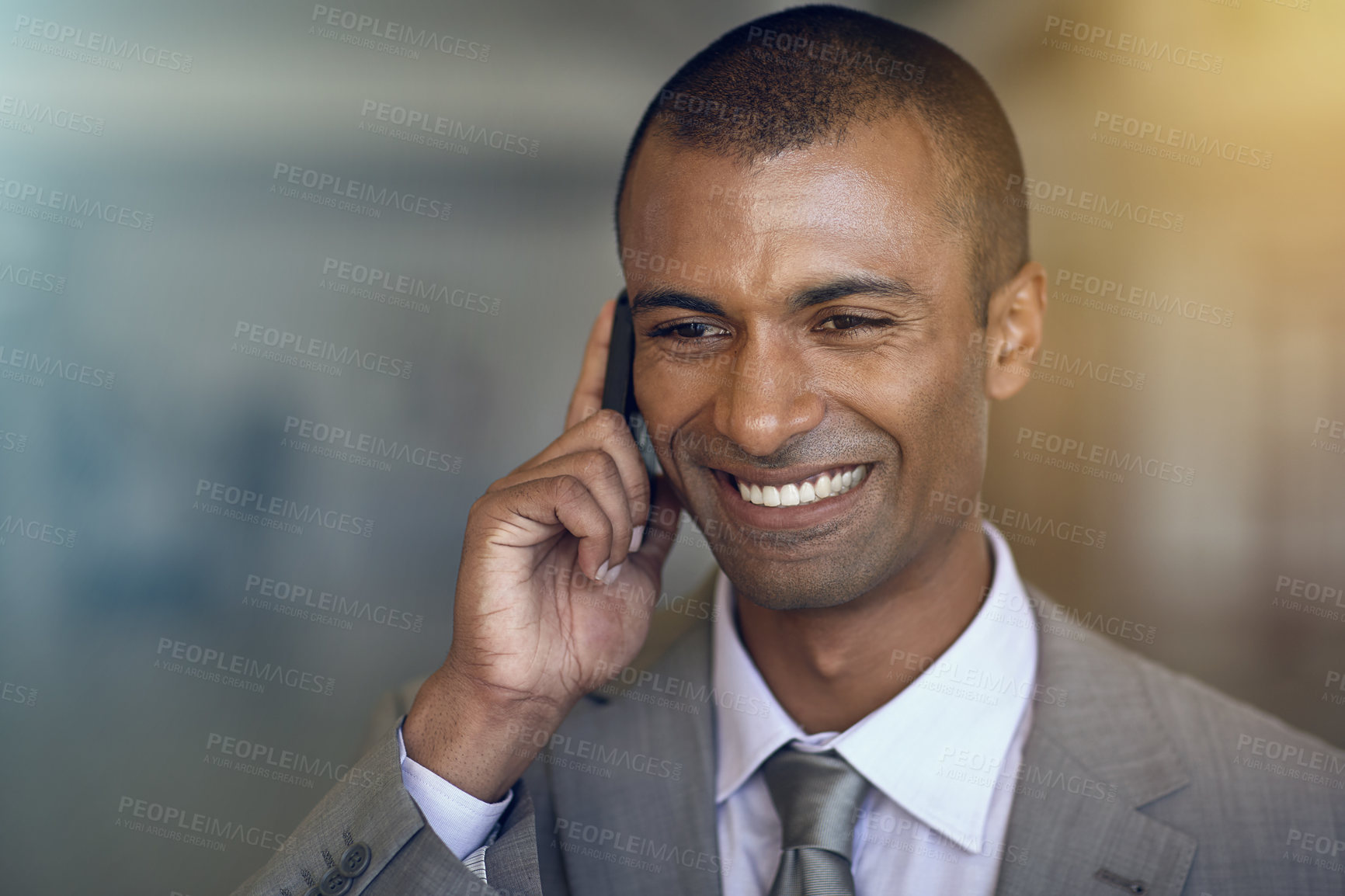 Buy stock photo Phone call, business and happy man in communication, networking and contact, feedback or legal advice. Professional indian person or corporate lawyer listening and talking on mobile chat with client