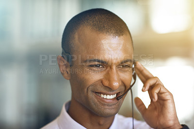 Buy stock photo Call center, consulting and happy man in virtual communication, business support and ecommerce help. Smile of friendly IT agent, advisor or african person for telemarketing, customer service and crm