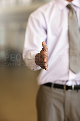 Buy stock photo Handshake, offer and business man welcome, partnership agreement or introduction for job or career success. Professional person shaking hands in client pov of deal, congratulations or thank you sign
