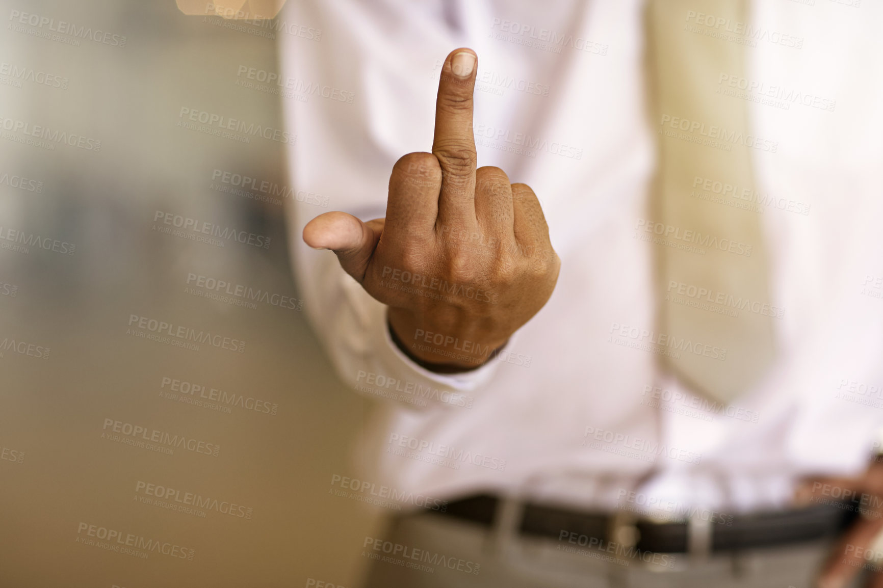Buy stock photo Hands, business man and middle finger in office for corporate anger, frustrated and work injustice. Space, rude employee and offensive gesture at workplace for rebellion, company conflict and opinion