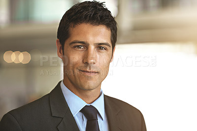 Buy stock photo Portrait, smile and business man, professional employee or lawyer in a suit with career mindset and confidence in bokeh. Face of a corporate person, attorney worker or USA agent for job or company