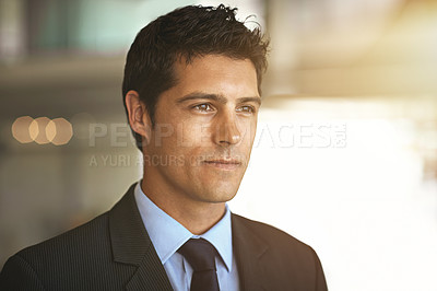 Buy stock photo Employee, thinking and man with ideas, focus and serious face with opportunity on mockup space. Male person, professional and entrepreneur with decision, future and development with choice and career