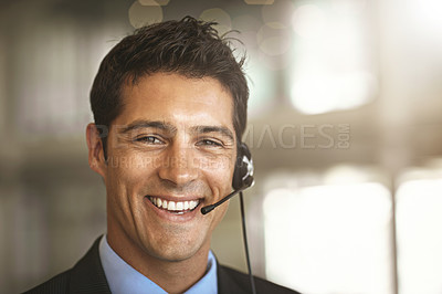 Buy stock photo Happy man, portrait and call center for virtual communication, business support or finance services. Face of agent, financial advisor or corporate person smile for consulting, chat and advice mockup