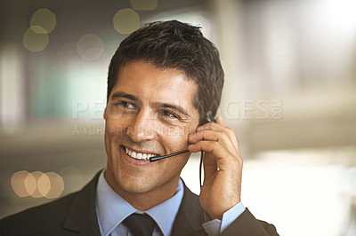 Buy stock photo Happy man, thinking and call center for virtual communication, business support or finance services. Salesman agent, financial advisor or corporate person consulting, solution chat or advice on space