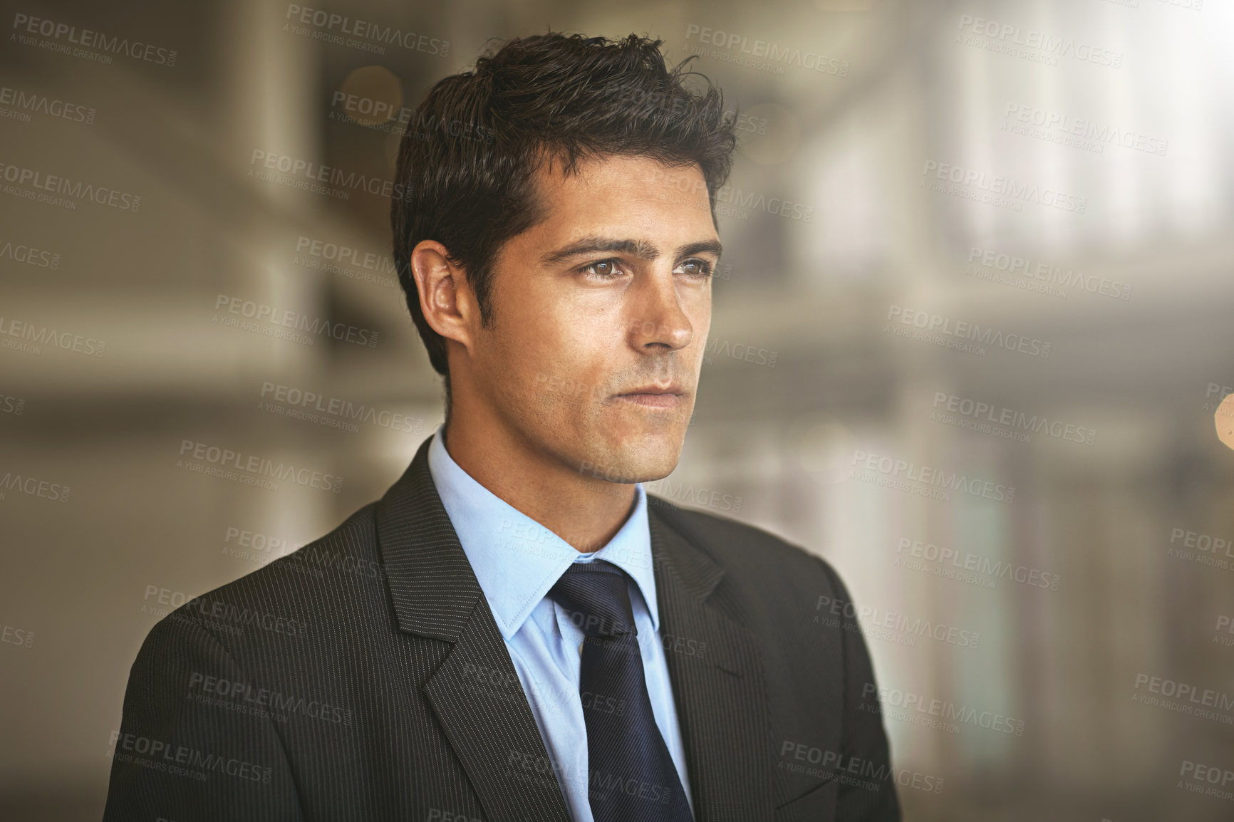 Buy stock photo Employee, focus or man with ideas, thinking or decision with choice, opportunity or professional. Male person or consultant with problem solving, solutions or serious face in office on mockup space