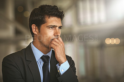 Buy stock photo Business, thinking and man with stress, ideas and thoughts with deadline, schedule and wonder. Male person, employee or entrepreneur with opportunity, depression and anxiety with burnout and decision