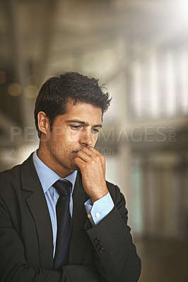 Buy stock photo Business, thinking and man with focus, stress and ideas for company, decision and deadline. Male person, employee or consultant with mockup space, problem or professional with burnout and depression