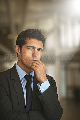 Buy stock photo Business, man and stress, thinking and ideas for a project, deadline and schedule on mockup space. Male person, professional and consultant with problem solving, burnout and entrepreneur with solution