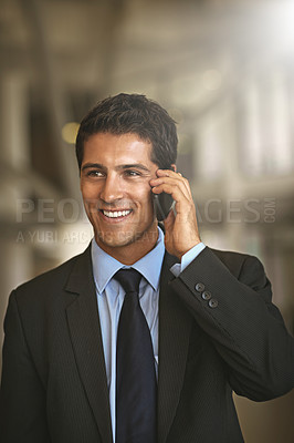 Buy stock photo Business man, thinking and phone call with online communication, networking and feedback of legal advice. Professional person or corporate lawyer listening to client or idea on chat with mockup space