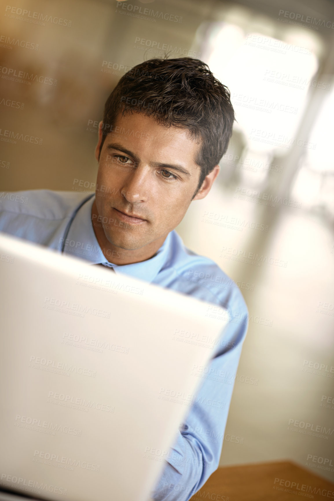 Buy stock photo Laptop, focus and business man with online management, career planning and company software or website. Serious, office and professional person or worker reading digital news or working on computer