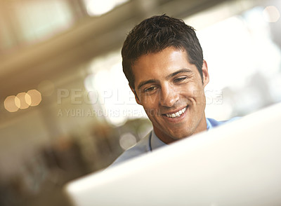 Buy stock photo Laptop, happy and business man with online management, career planning and company software or website in bokeh. Smile, feedback and professional person or worker reading news or working on computer