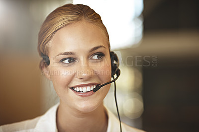 Buy stock photo Happy woman, thinking and call center in virtual communication, business support or finance services. Vision of agent, financial advisor or corporate person consulting, solution chat or client advice