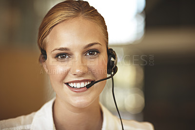 Buy stock photo Happy woman, portrait and call center in virtual communication, business support or finance services. Face of agent, financial advisor or corporate person consulting, solution chat and client advice