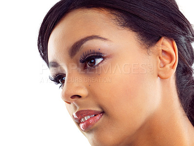 Buy stock photo Closeup studio shot of a young woman with perfect skin against a white background
