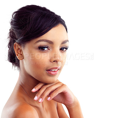 Buy stock photo Young, black woman and skincare with face, makeup and facial treatment for dermatology isolated in studio. Happy, female person or model and hand for wellness, beauty and health with self care