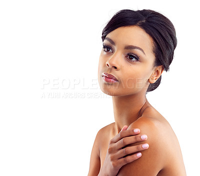 Buy stock photo Mockup, beauty and face of woman in studio with natural skincare, makeup glow and cosmetics. Dermatology, facial care and girl with confidence, thinking and healthy skin benefits on white background