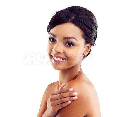 Buy stock photo Studio portrait of a young woman with perfect skin posing against a white background