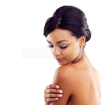 Buy stock photo Woman, studio and dermatology with skincare, glow or cosmetics for treatment. Model, texture and beauty for body care, health and wellness with confidence or satisfaction isolated on white background