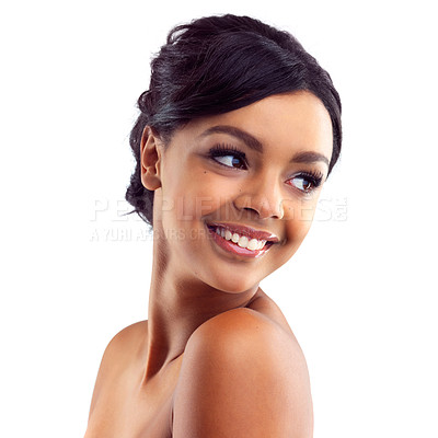 Buy stock photo Makeup, skincare and face of happy woman in studio with natural beauty, shine and luxury cosmetics. Dermatology, facial care and girl with confidence, smile and healthy skin glow on white background