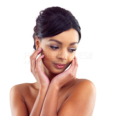 Buy stock photo Black woman, makeup and closeup in studio for beauty with eye lashes, cosmetics and glowing lips for self care or confidence. Girl, isolated and white background with dermatology, glamour and shine.