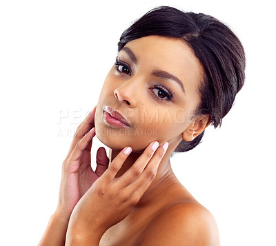 Buy stock photo Black girl, makeup and portrait in studio for beauty with eye lashes, cosmetics and glowing lips for self care or confidence. Woman, isolated and white background with dermatology, glamour and shine.