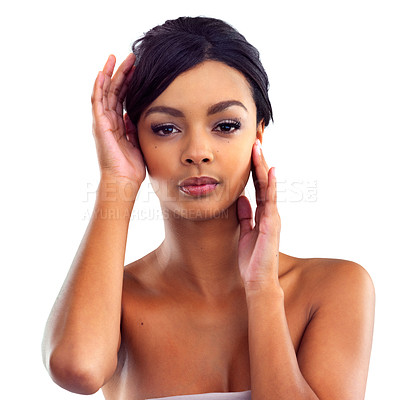 Buy stock photo Black girl, makeup and portrait in studio for beauty with eye lashes, cosmetics and glowing lips for self care or confidence. Woman, isolated and white background with dermatology, glamour and shine.