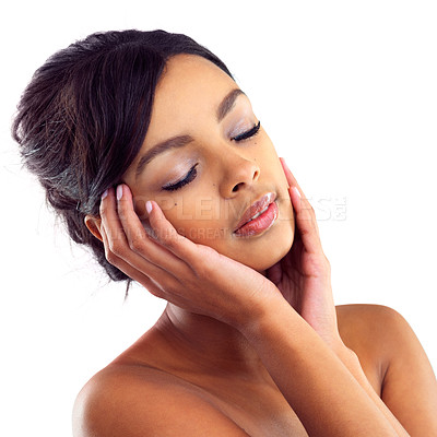 Buy stock photo Black girl, makeup and calm in studio for beauty with eye lashes, cosmetics and glowing lips for self care or confidence. Woman, isolated and white background with dermatology, glamour and shine.