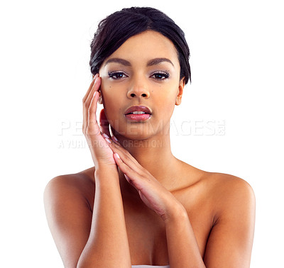 Buy stock photo Black girl, makeup and closeup in studio for beauty with eye lashes, cosmetics and glowing lips for self care or confidence. Woman, isolated and white background with dermatology, glamour and shine.